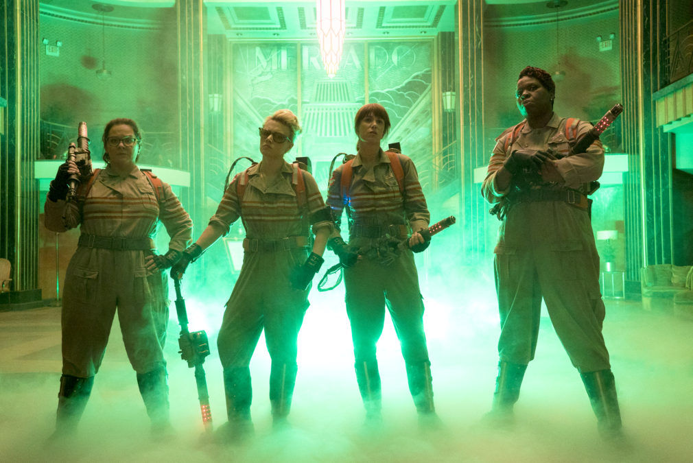 The Ghostbusters Abby (Melissa McCarthy), Holtzmann (Kate McKinnon), Erin (Kristen Wiig) and Patty (Leslie Jones) inside the Mercado Hotel Lobby in the film.