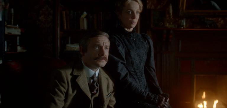 Martin Freeman as Dr. John Watson and Amanda Abbington as Mary Watson in Sherlock.