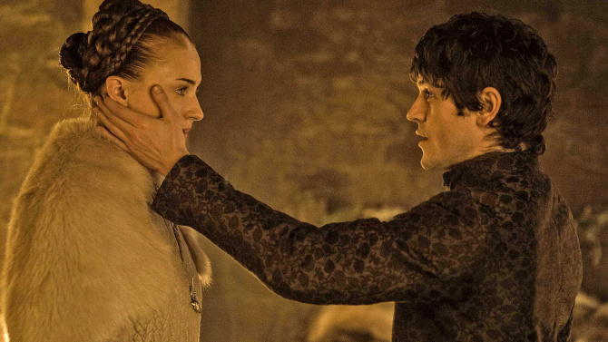 Ramsay Bolton, played by Iwan Rheon, strokes Sophie Turner's (Sansa Stark) face on a controversial episode of Game of Thrones. Photo Courtesy of HBO.