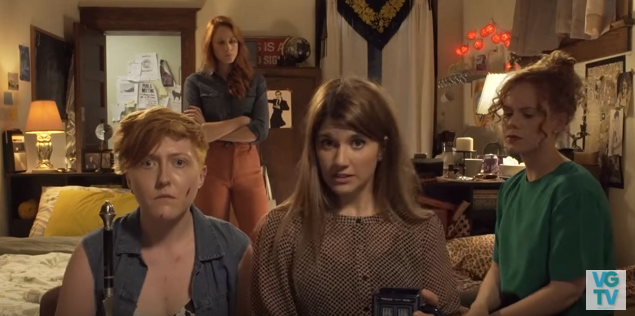 The web series Carmilla inspired a queer fan fiction story. From left to right, characters LaFontaine, Danny Lawrence (back), Laura Hollis, and Lola Perry.
